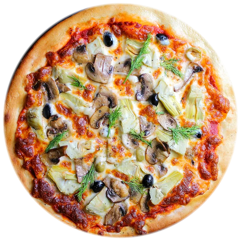 Pizza cu anghinare, ciuperci și măsline, văzută de sus